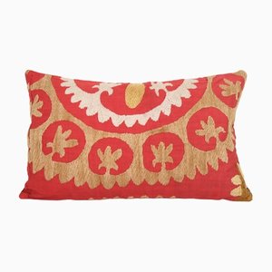 Red Suzani Lumbar Pillow Cover, Uzbekistan