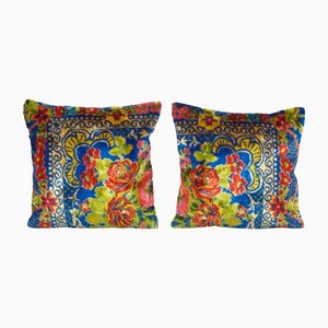 Turkish Blue Velvet Floral Lumbar Cushion Covers, Set of 2