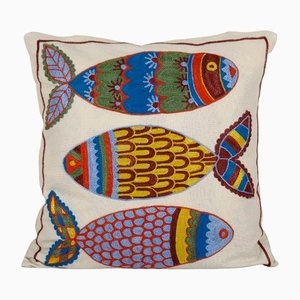 Art Fish Embroidered Suzani Cotton Cushion Cover