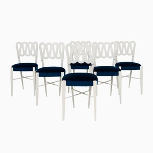 Vintage White Lacquered Wood and Blue Velvet Chairs by Gio Ponti