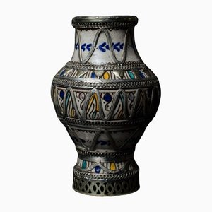 Vintage Moroccan Metal and Ceramic Vase