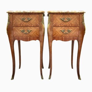 Antique Louis XV French Marquetry Marble Top Nightstands, Set of 2