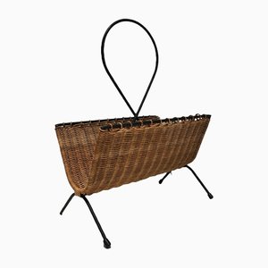 Black Lacquered Metal and Rattan Magazine Rack