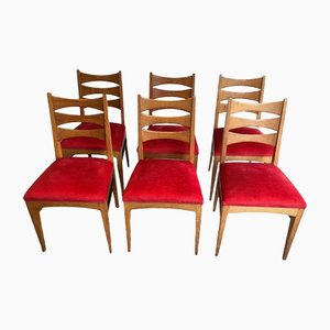 Red Velvet Oak Dining Chairs, Set of 6