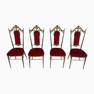 Brass and Red Velvet Chairs, Set of 4