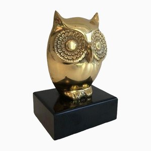 Brass Owl on Black Lacquered Wood Base