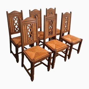 Brutalist Wood & Rattan Chairs, Set of 6