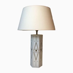 Neoclassical Style Table Lamp in White Lacquered Sheet Metal with Golden Decorations