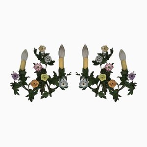 Iron Wall Lights with Porcelain Flowers, 1960s, Set of 2