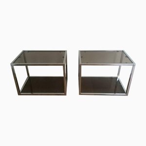Tavolini da divano in metallo cromato con vassoi in vetro fumé, anni '70, set di 2