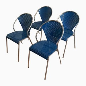 Chrome Chairs with Perforated with Blue Lacquered Metal, 1980s, Set of 4
