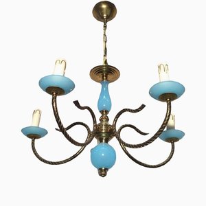 Lampadario piccolo in vetro opalino blu e ottone, anni '60