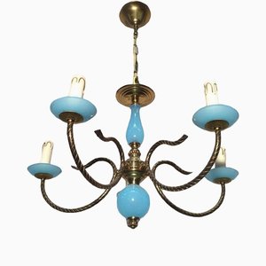 Small Chandelier in Blue and Brass Opaline, 1960s