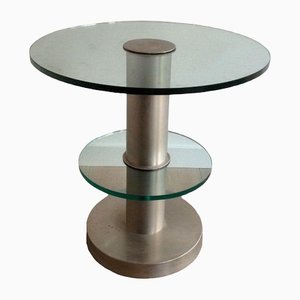 Mesa pedestal de metal cepillado y vidrio, años 60