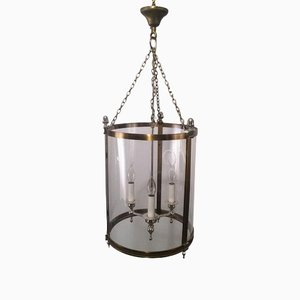 Neoclassical Brass and Silver Lantern with Round Faux Glass in Hard Plastic