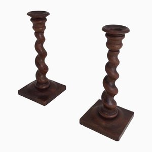 Twisted Wooden Candlesticks, Set of 2