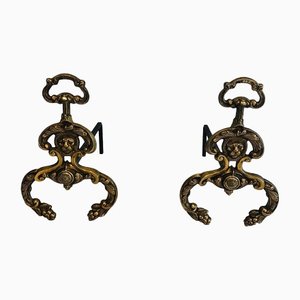 Chenets neoclásicos de bronce y hierro forjado. Juego de 2