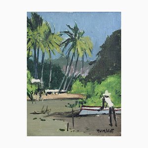 Robert Humblot, Dusk on Schoelcher Lagoon Martinique, 1959, Huile sur Toile, Encadrée
