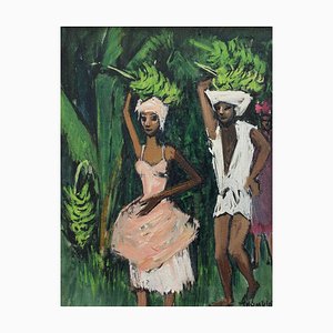 Robert Humblot, The Banana Plantation Guadeloupe, 1959, Huile sur Toile, Encadrée
