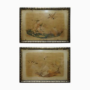 19th Century Handwoven Silk Tapestries Depicting Birds & Fruit, 1850, Set of 2