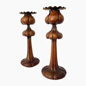 Arts and Crafts Period Oak Candlesticks, 2000s, Set of 2