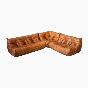 Togo Living Room Sofa and Chairs in Pine Leather by Michel Ducaroy for Ligne Roset, 1970s, Set of 3