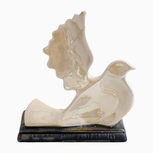 Sculpture d'Oiseau Stylisé Mid-Century en Faïence Irisée Noire et Blanche