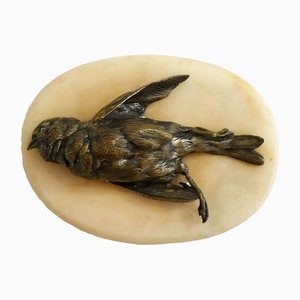 Petit Oiseau Sculpture ou Presse-Papier en Métal sur Socle en Pierre