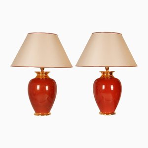 Vintage French Red and Gold Porcelain Vase Table Lamps, Set of 3