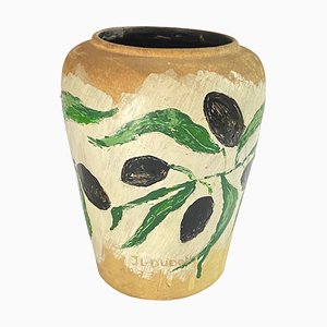 Vaso in ceramica dipinta di bianco e verde, Francia, 1977