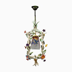 French Tole and Glass Polychrome Pastel Flower Cage Pendant Light, 1950s