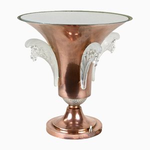 Art Deco Copper Table Lamp with Lalique Glass Elements, France, 1920s