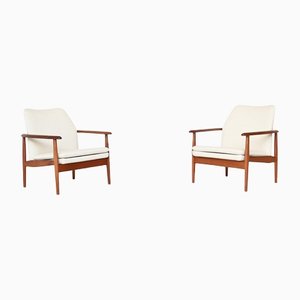 Scandinavian Lounge Chairs Teak & Linen, Denmark, 1960s, Set of 2