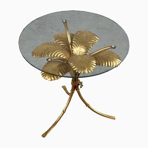 Floral Side Table from the 1970s in a Golden Color with a Glass Plate