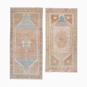 Small Distressed Low Pile Faded Yastik Runner Rugs, Set of 2