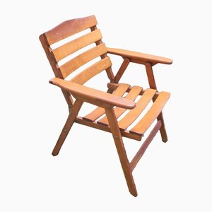 Mid-Century Patinated Wood Folding Garden or Patio Elbow Chair, 1960s