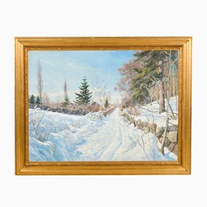 Harald Pryn, Winter Landscape, 1949, Oil on Panel, Enmarcado