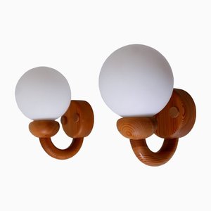 Mid-Century Modern Swedish Sconces in Pine and Opaline Glass, 1960s, Set of 2