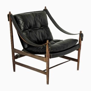Safari Stuhl aus schwarzem Leder & Holz, 1960er
