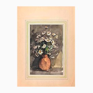 Gabriel Belot, Flower Pot Painting, 1920s, Ink & Watercolor on Paper