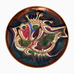 Vintage Copper Vide-Poche or Decorative Plate with a Hand-Painted Fish, 1950s