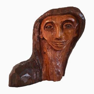 Hand-Carved Wooden Womans Head Sculpture