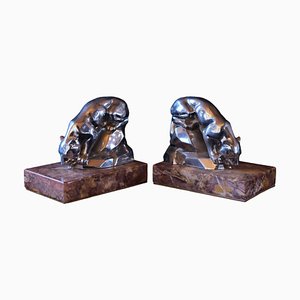 Art Deco Red Marble Polychromed Bookends with Drinking Panthers, France, 1930s, Set of 2