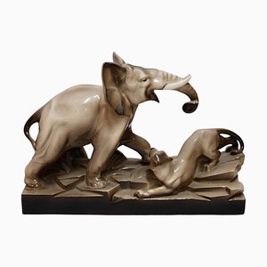 French Artist, Art Deco Elephant and Panther, 1920s, Glazed Ceramic