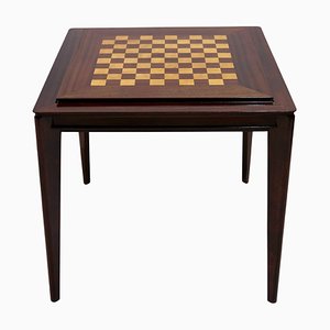 Mesa de juegos Shellac Art Déco pulida a mano con tablero de ajedrez y fieltro verde, años 30