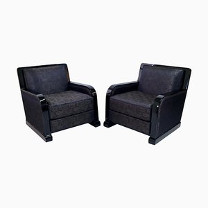 Art Deco French Black Lacquer Club Chairs with Art Deco Pattern, 1930s, Set of 2