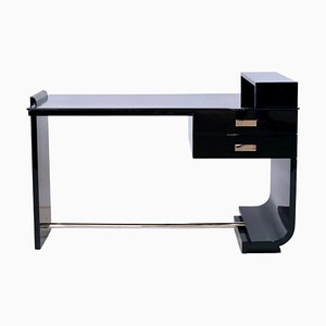 Small Art Deco Black Lacquer Asymmetrical Office Desk with Nickeled Fittings, 1930s