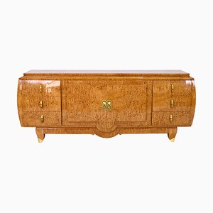 Art Deco Birch Burl Wood Curved Hand Polished Sideboard with Brass Fittings, 1930s