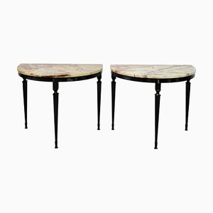 Tables de Chevet Demi-Lune Art Déco sur Socle en Métal Noir, 1930s, Set de 2