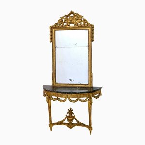 Consola Louis Seize XVI dorada con mármol y espejo, década de 1750. Juego de 2